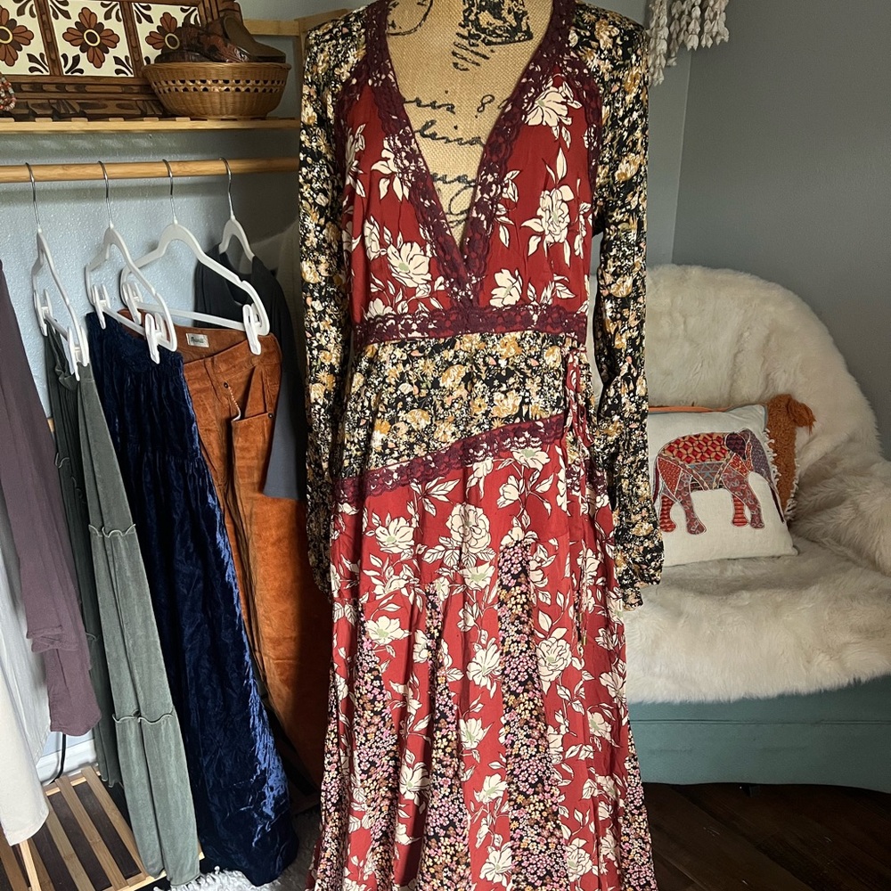 Free People Bohemian “Tilda” mock wrap Floral Long Sleeve Dress